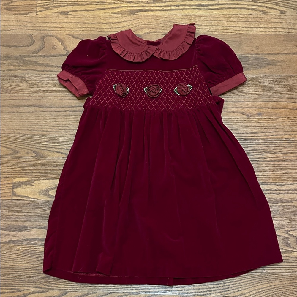 Vintage Red Velvet Girls Dress Size 6 Holiday Rose Detail Ruffled Formal